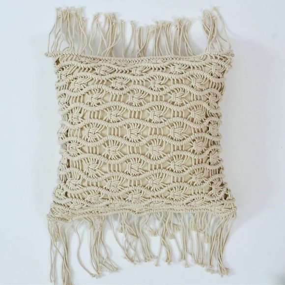 Macrame Cushion Cover, Waves, Ivory, 16x16 Inches, Pack of 1 - Picture 5 of 7